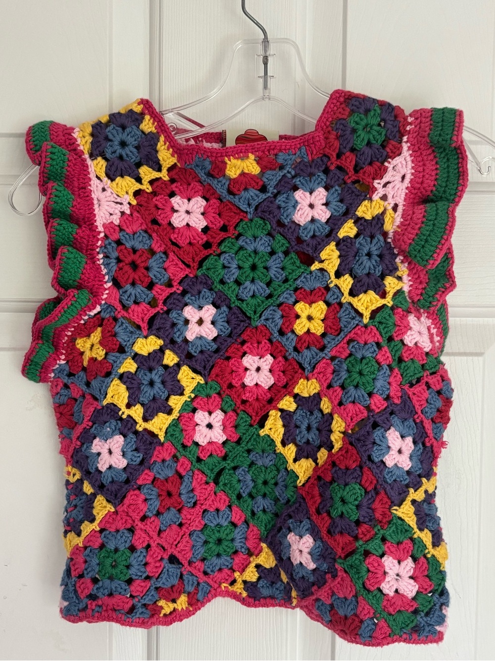 Farm Rio Crochet Granny Square Ruffle Sleeve Top XS Multicolor Boho NWOT